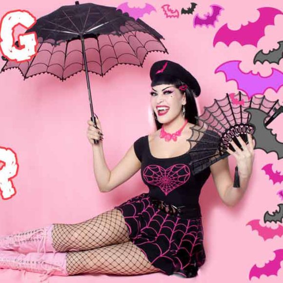 Pink Spiderweb Heart Black Off Shoulder Stretch Top S-M-L-XL-2XL-3XL NWT - Picture 2 of 3